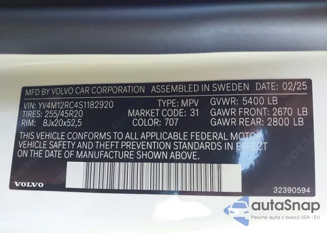 2025 Volvo Xc60 B5 Plus from USA, damaged, VIN YV4M12RC4S1182920